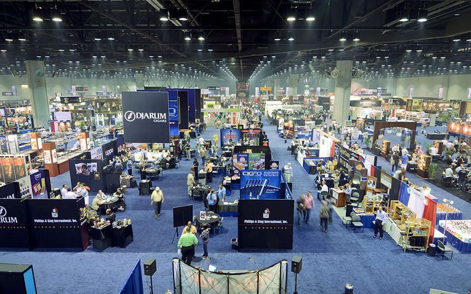 Business activity at a trade show where lot of products and service are being showcased.